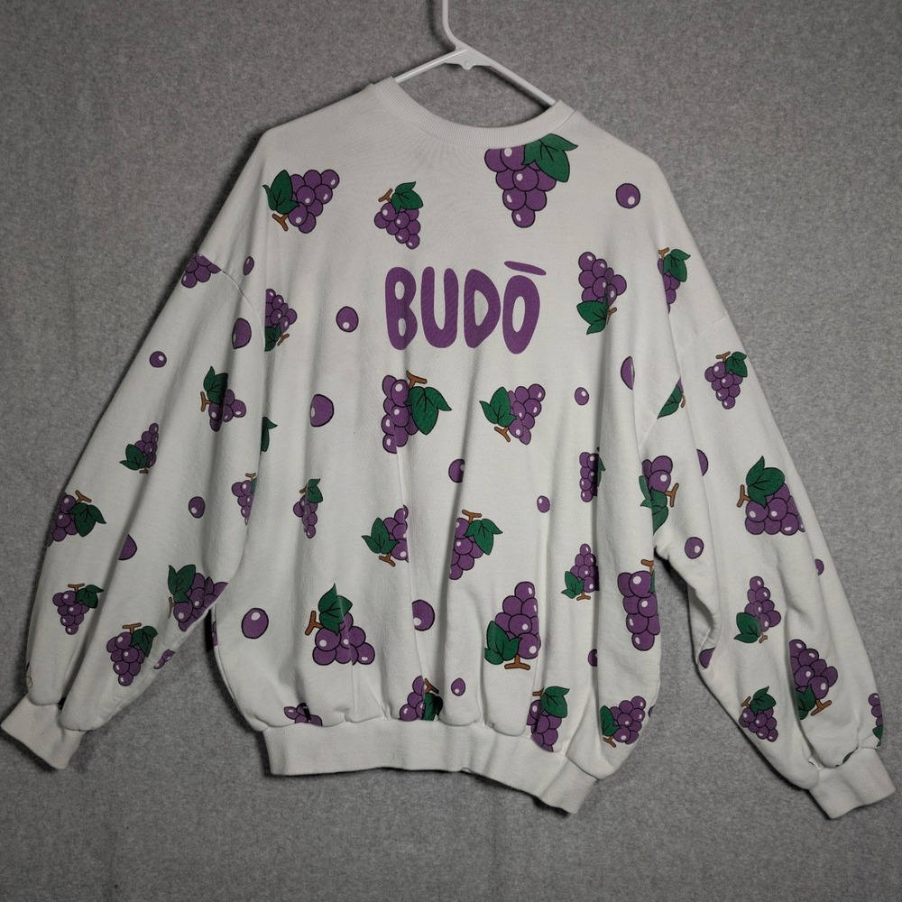 PUNYUS White Grape BUDO Print Oversized Crewneck Sweatshirt‎ Large Kawaii *FLAWS